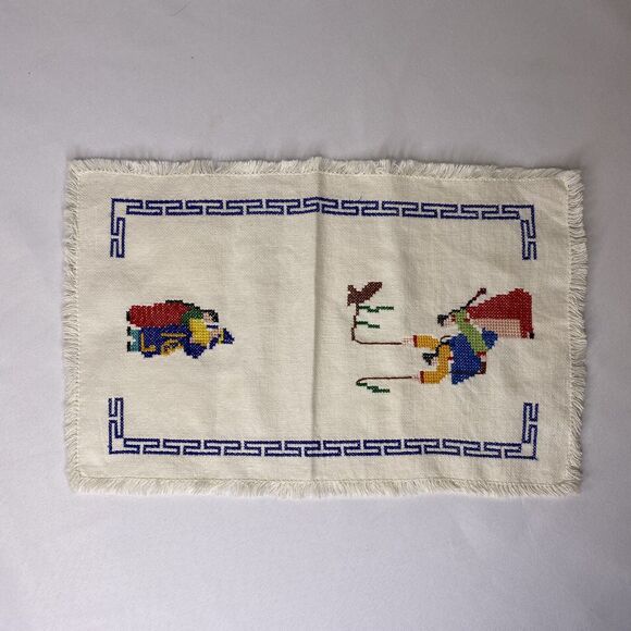 Hand Embroidered Finger Tea Towel Asian Design Fringe 14 x 9 Cross Stitch - Picture 8 of 8